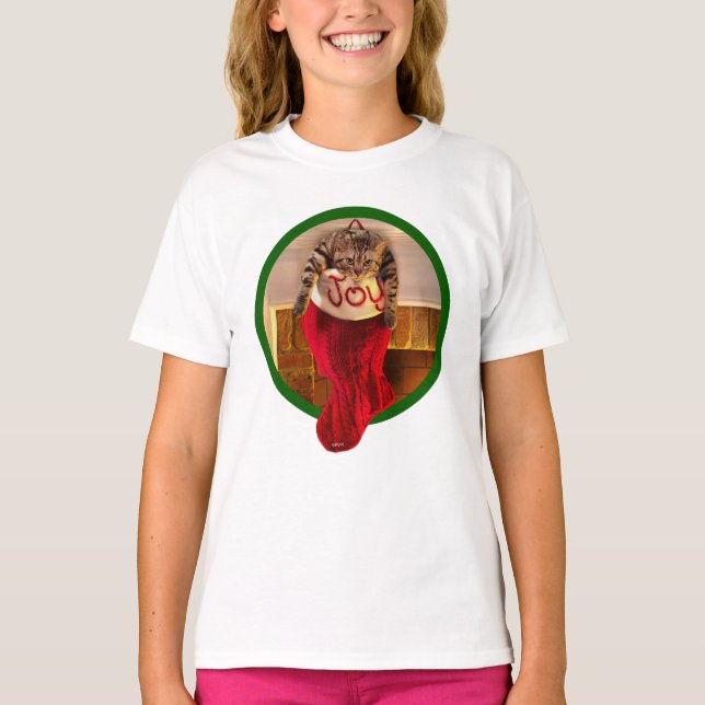 Fat Cat in Christmas Stocking T-Shirt (Front)