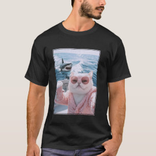 Fat Cat on a Yacht Boat with Shark Cool Funny Cat  T-Shirt