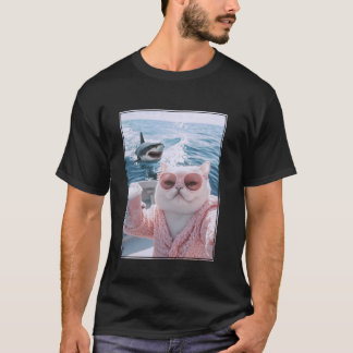 Fat Cat on a Yacht Boat with Shark Cool Funny Cat T-Shirt