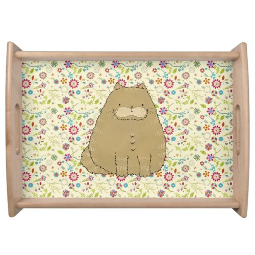 Fat Cat on Cottagecore Folk Art Flowers  Serving Tray