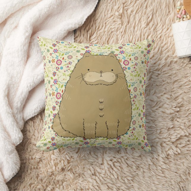 Fat Cat on Folk Art Flowers Throw Pillow (Blanket)