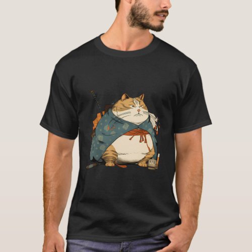 Fat Cat Samurai Japanese Ukiyo E Style T_Shirt