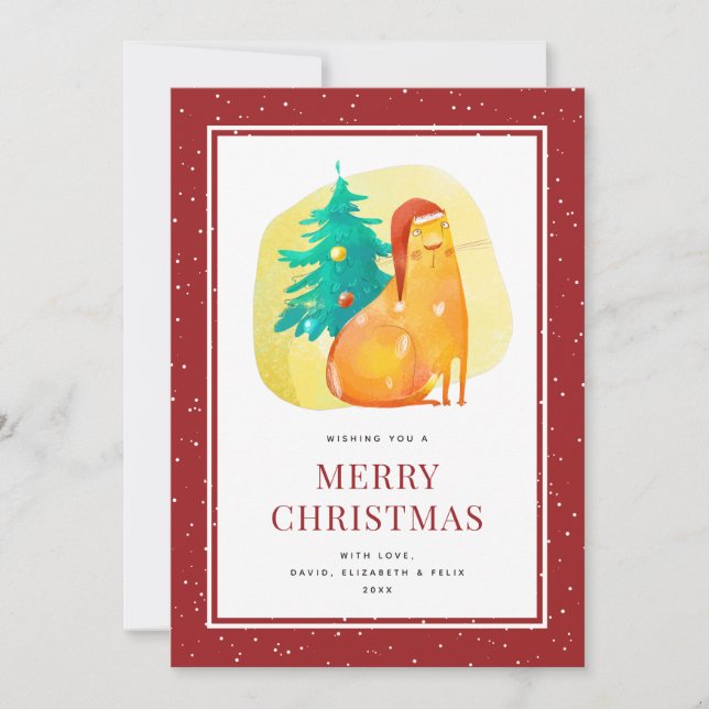 Fat Cat Tree Snow Red Merry Christmas Card (Front)