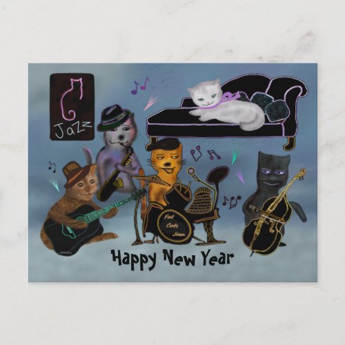 Fat Cats New Year Jam Holiday Postcard