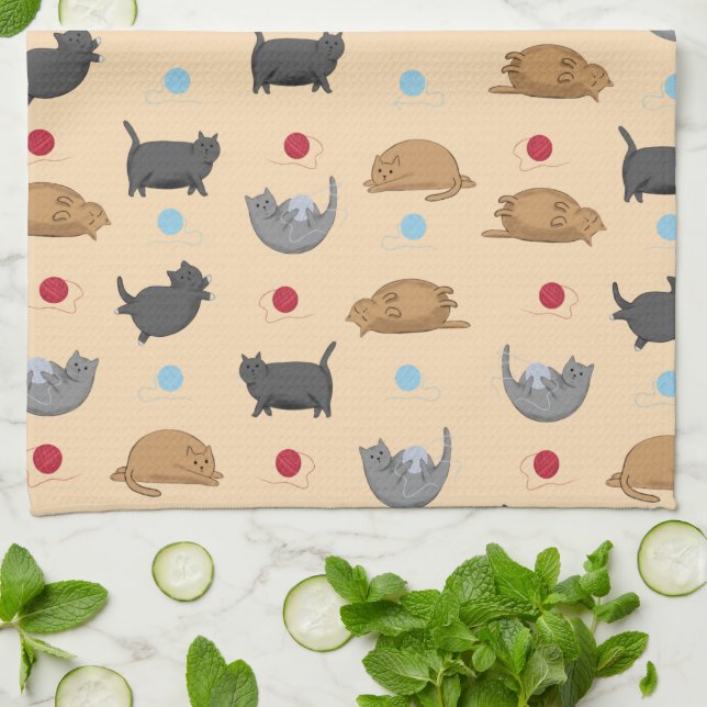 Fat Cats Pattern on Beige Kitchen Towel (Folded)