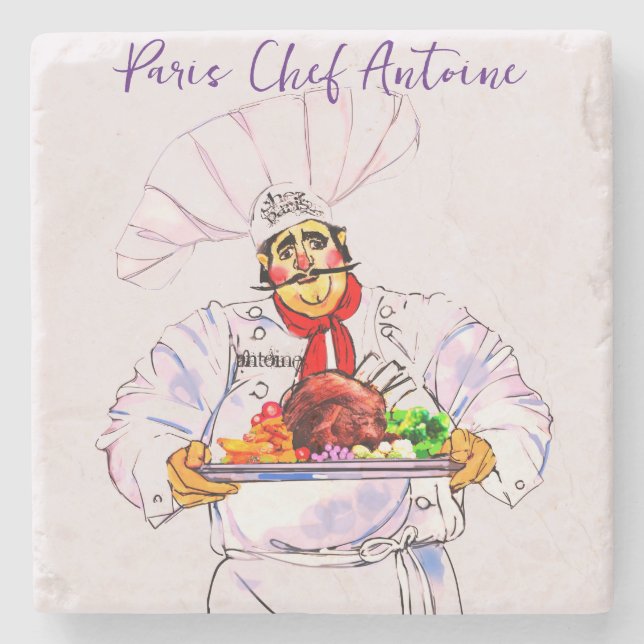 Fat French Chef Antoine Serving on Silver Platter Stone Coaster (Front)