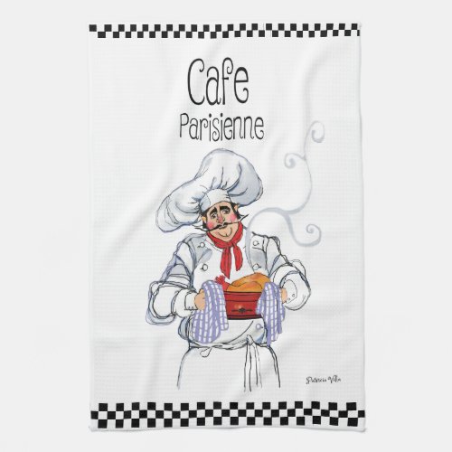 Fat French Chef Caricature Black White Checks Kitchen Towel