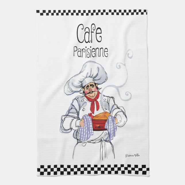 Fat French Chef Caricature Black White Checks Kitchen Towel (Vertical)