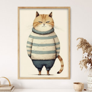 Fat Ginger Cat In Blue Sweater, Funny Cat Decor,  Poster