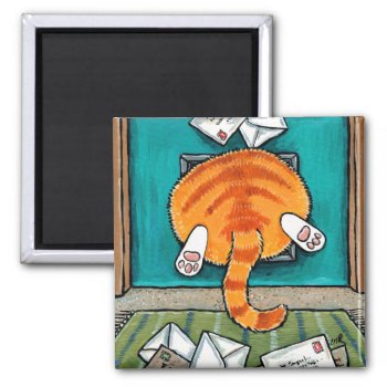 Fat Ginger Tabby Cat In Cat Flap Magnet by LisaMarieArt at Zazzle