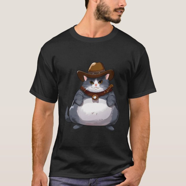Fat Kitten - Funny Cowboy Cat T-Shirt (Front)