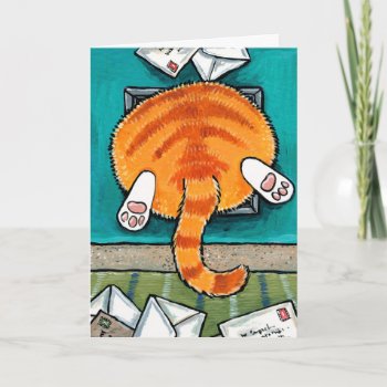 Fat Orange Tabby Cat In Cat Flap Card by LisaMarieArt at Zazzle