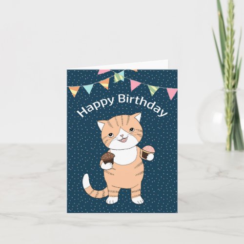 Fat Orange Tabby Ginger Cat with cupcakes birthday Card