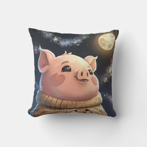 Fat Pig Amazed at Full Moon at Night Throw Pillow