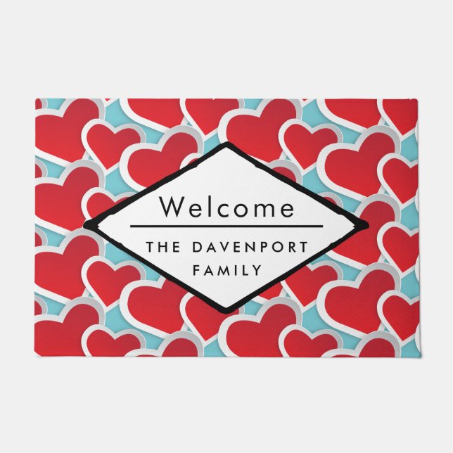 Fat Red Hearts Repeating Pattern Cute Welcome Doormat (Front)
