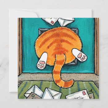 Fat Tabby Cat Stuck In Cat Flap Card by LisaMarieArt at Zazzle
