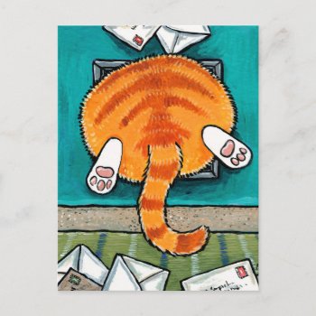 Fat Tabby Cat Stuck In Cat Flap Postcard by LisaMarieArt at Zazzle