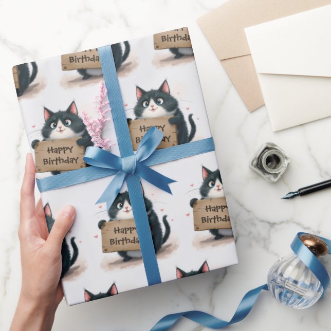 Fat Tuxedo Cartoon Cat With Birthday Sign Wrapping Paper (Gifting)