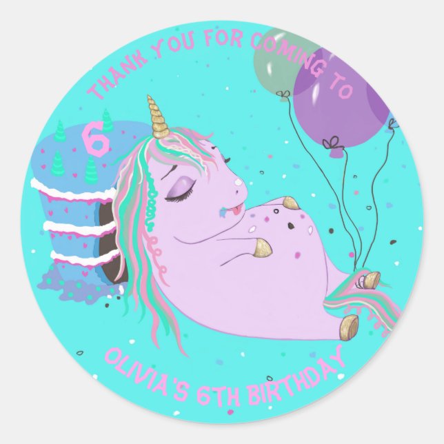 Fat Unicorn Cake Personalized Cute Classic Round Sticker (Front)