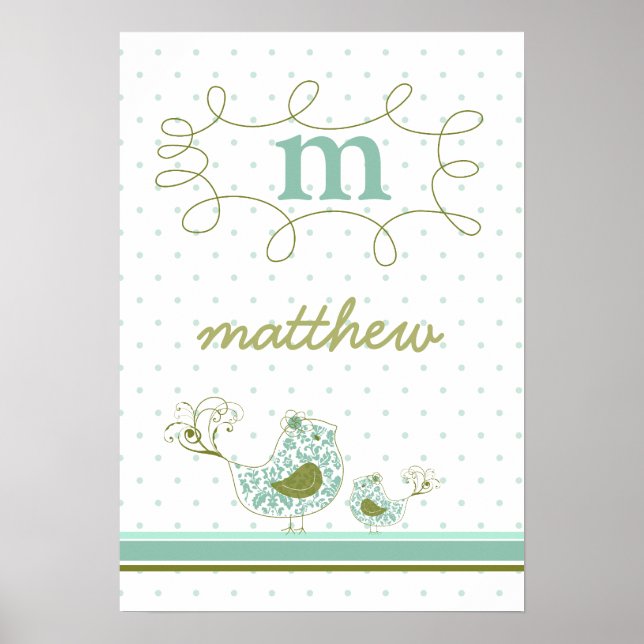 fatfatin Blue Swirly Mom & Baby Bird Kids Wall Art (Front)