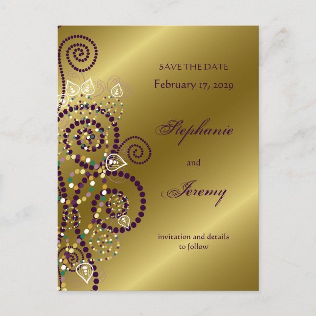 fatfatin Boho Purple Spirals Gold Save The Date Announcement Postcard (Front)