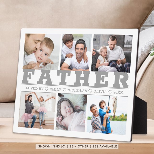 FATHER 6 Photo Collage Gray Custom Text 8x10 Plaqu Plaque (Creator Uploaded)