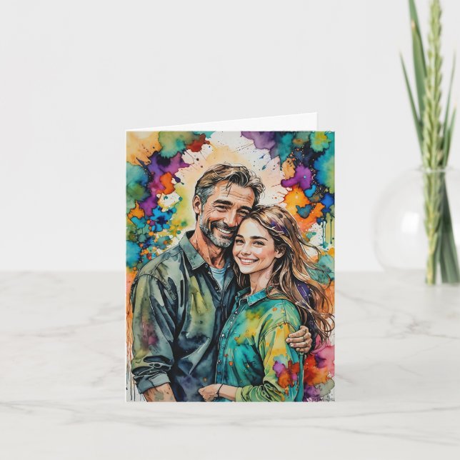 Father and Daughter Watercolor Portrait – Colorful Card (Front)