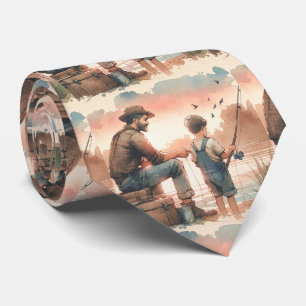Father and Son Fishing Watercolor Design Neck Tie