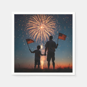 Father and Son Holding American Flags Napkins