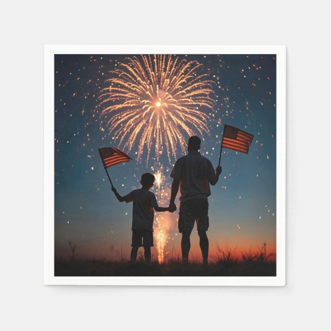 Father and Son Holding American Flags Napkins (Front)