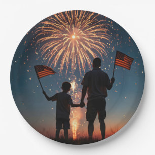 Father and Son Holding American Flags Paper Plates