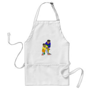 Father and son playing one on one adult apron