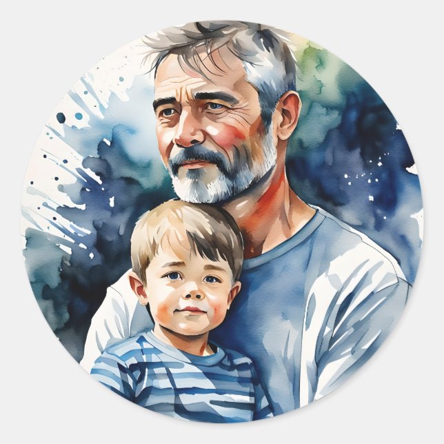 Father and son watercolor personalized classic round sticker (Front)