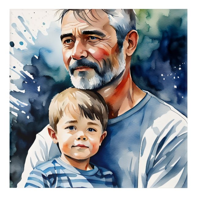 Father and son watercolor personalized portrait. acrylic print (Front)