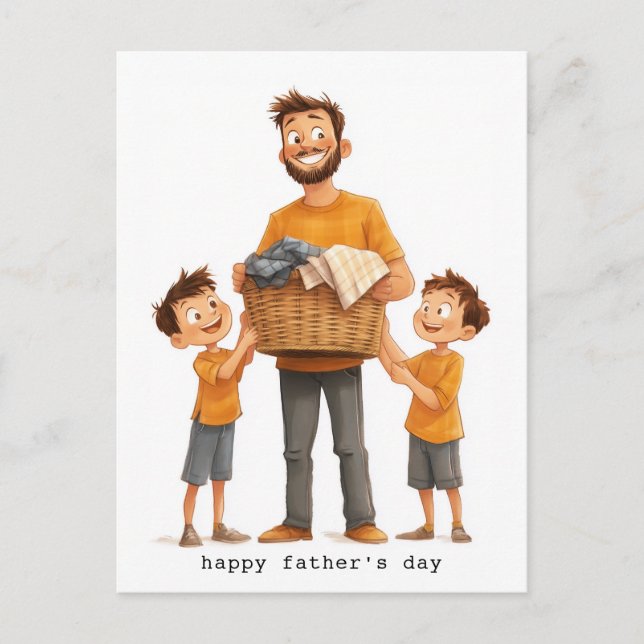 Father and Sons Doing Laundry Holiday Postcard (Front)