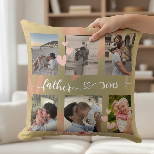 Father and Sons Elegant Script Multi Photo Sage  Throw Pillow (Creator Uploaded)