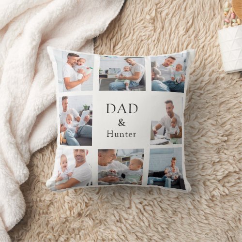 Father baby child photo collage name white throw pillow