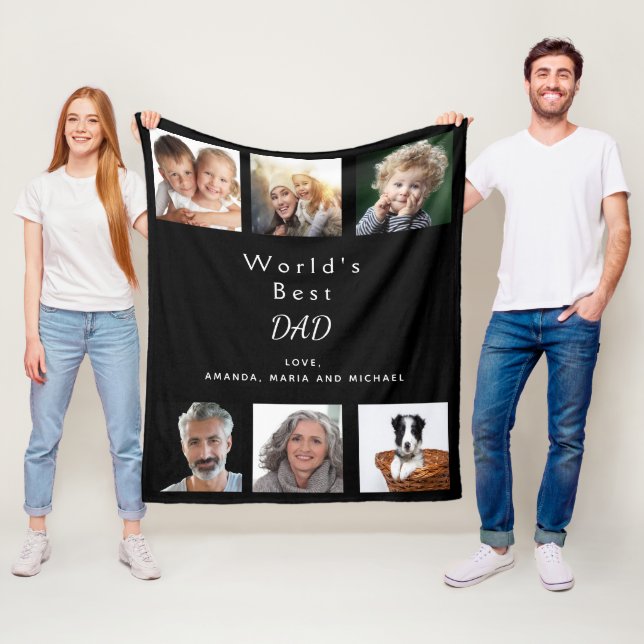 Father Best DAD photo collage black Fleece Blanket (In Situ)