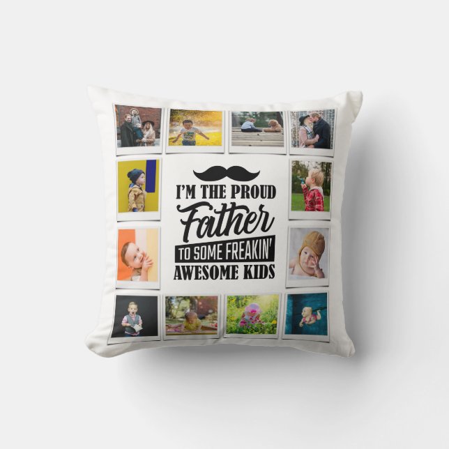 Father Birthday Awesome Kids Photo Collage White Throw Pillow (Front)
