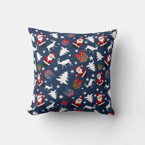 Father Christmas and Reindeer blue  Throw Pillow