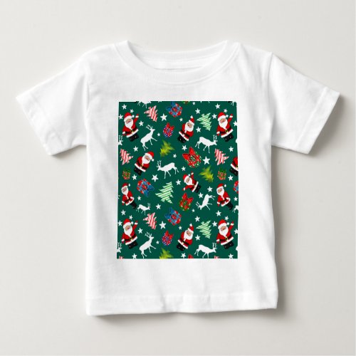 Father Christmas and reindeer on a green  Baby T_Shirt