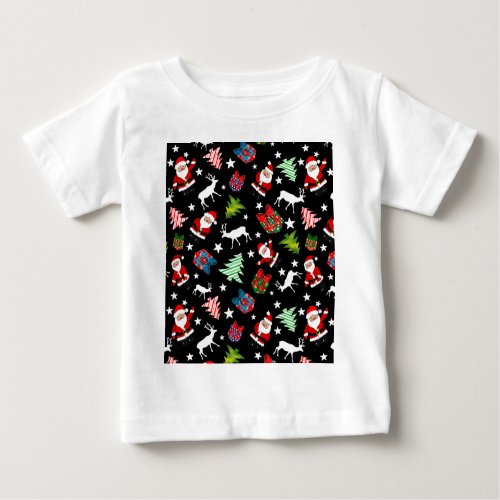 Father Christmas and reindeer on black  Baby T_Shirt