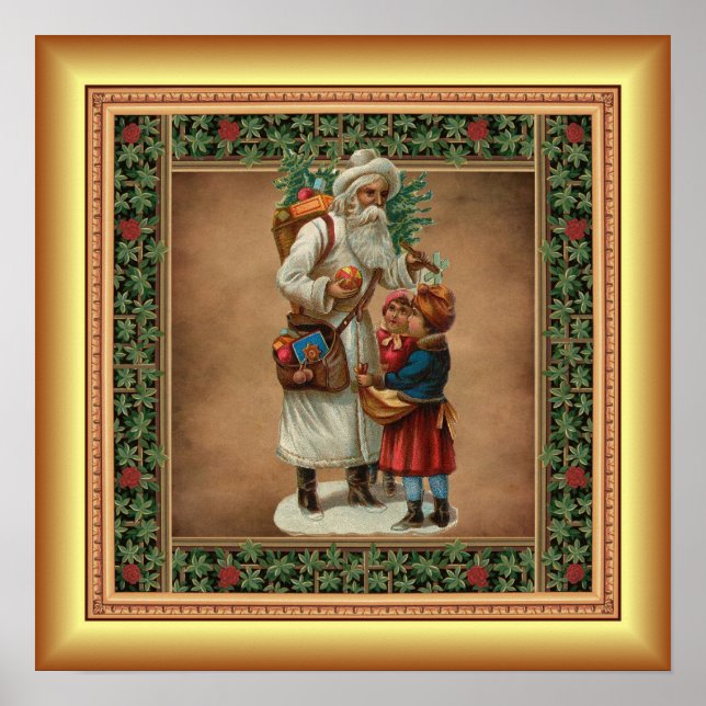  Father Christmas, Christmas Gifts, Gold Backgrond Poster (Front)