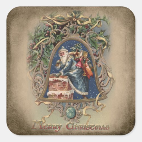 Father Christmas in Blue Robes with Holly Square Sticker