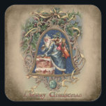 Father Christmas in Blue Robes with Holly Square Sticker<br><div class="desc">Ornate vintage Christmas card illustration featuring old world Father Christmas in blue robes on a starry winter night climbing into a brick chimney surrounded by holly and bell-shaped ornate border with rustic sepia background, </div>