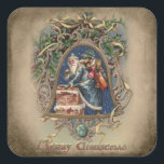 Father Christmas in Blue Robes with Holly Square Sticker<br><div class="desc">Ornate vintage Christmas card illustration featuring old world Father Christmas in blue robes on a starry winter night climbing into a brick chimney surrounded by holly and bell-shaped ornate border with rustic sepia background, </div>