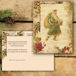 Father Christmas in Snow with Roses & Music Postcard<br><div class="desc">Beautiful holiday collage design featuring vintage Christmas ephemera,  including green-robed Father Christmas with musical notes,  brass bells,  pine,  roses and holly on grungy distressed gold parchment background with engraved pine and subtle snowflakes. Back features complementary background and editable text fields.</div>