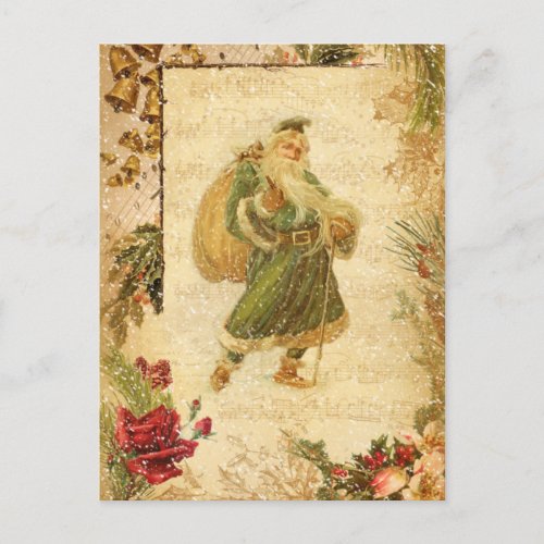 Father Christmas in Snow with Roses  Music Postcard