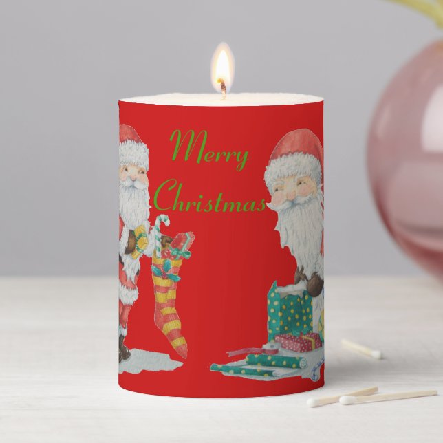 father christmas striped stocking wrapped gifts pillar candle (In Situ)