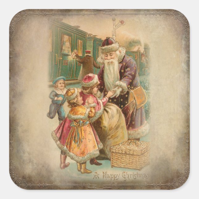 Father Christmas with Children at Train Station Square Sticker (Front)